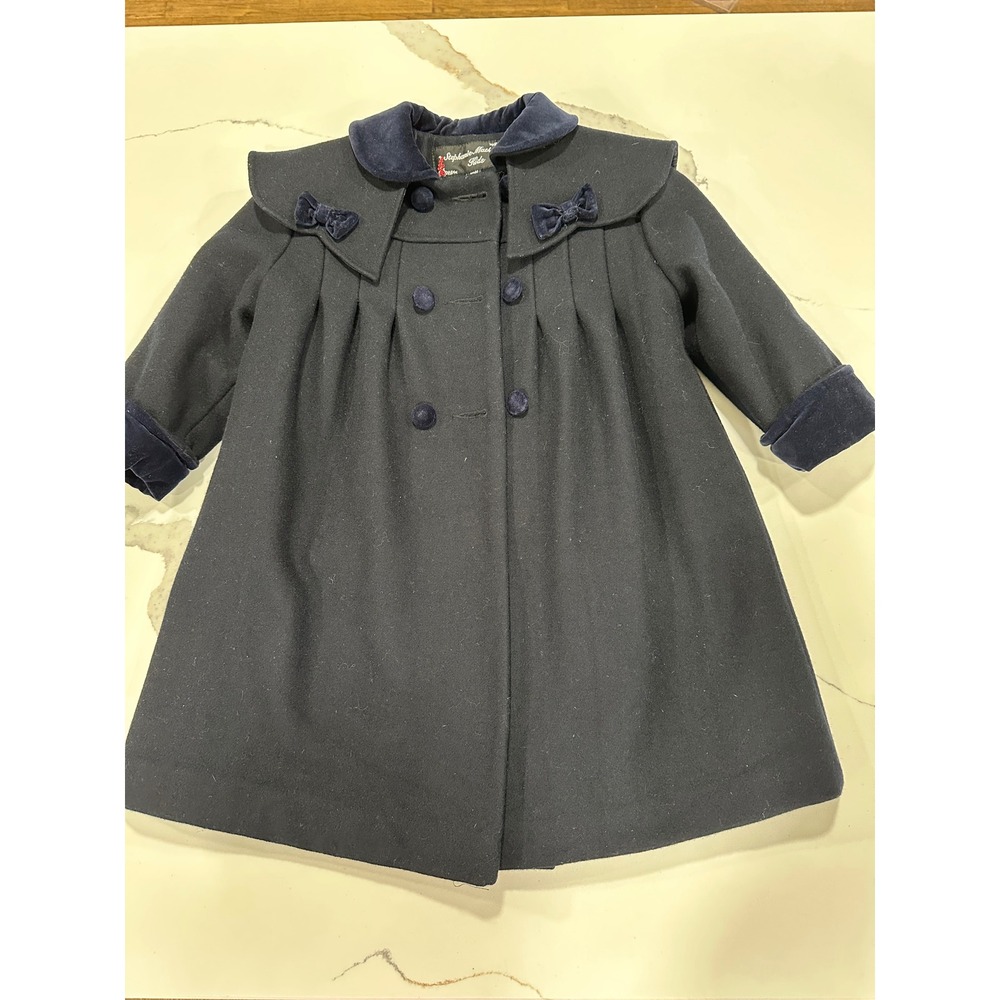 Stephanie Mathews Kids Navy Blue 100% Merino Wool Velvet Trim Dress Coat 3T